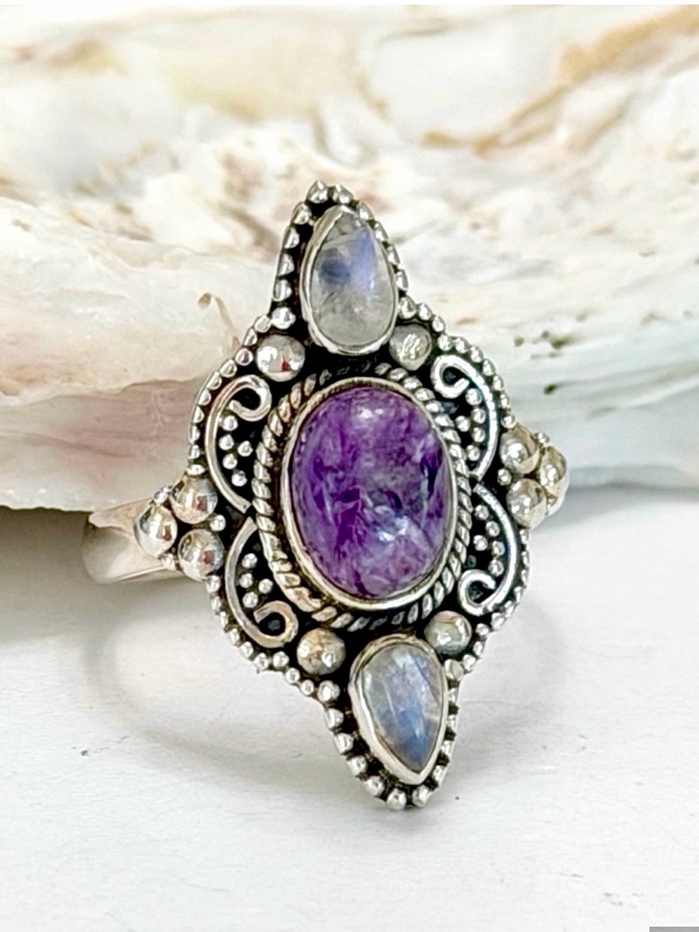 Siberian Charoite & Rainbow Moonstone Sterling Silver Ring